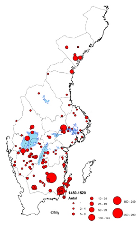 Karta som visar myntfynd i kyrkor 1450-1520