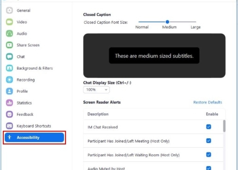 En skärmbild av tillgänglighetsinställningar i Zoom