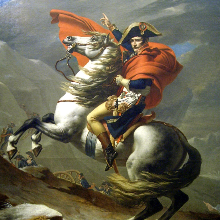 1800-talsmålning av Napoleon till häst i ett bergslandskap