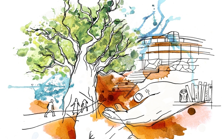 Illustration med två händer, grönt träd och Aula Magna i bakgrunden.