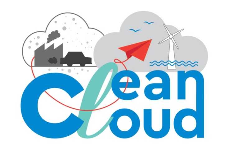 Logo for CleanCloud project with fossil impacted atmosphere and clean ocean atmosphere images
