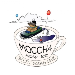 Kaffekopp med isbrytaren Oden, isflak och ballonger i. Ordet MOCCHA skrivet på utsidan.