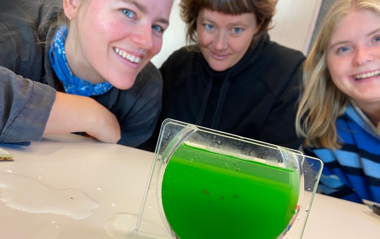 Lärare testarexperiment där torskägg flyter mellan vattenmassor av olika salthalter