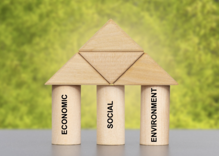 Image of wooden blocks piled up with the words economic, social and environmental