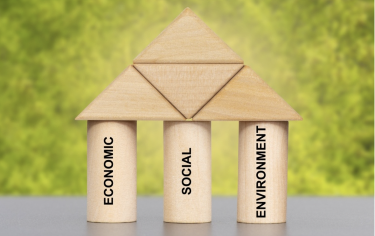 Image of wooden blocks piled up with the words economic, social and environmental