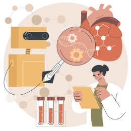 Illutration av en läkare, provrör och en robot som assisterar vid en hjärtoperation.