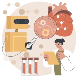 Illustration showing a medical doctor, test tubes and a robot involved in heart surgery.