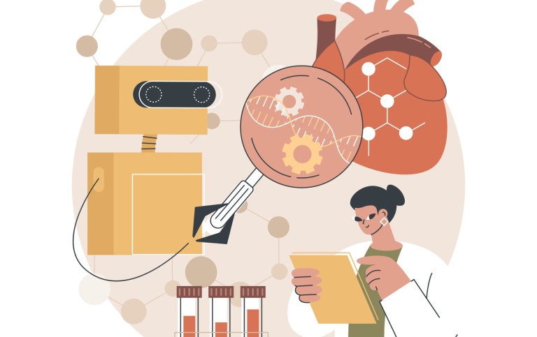 Illustration showing a medical doctor, test tubes and a robot involved in heart surgery.