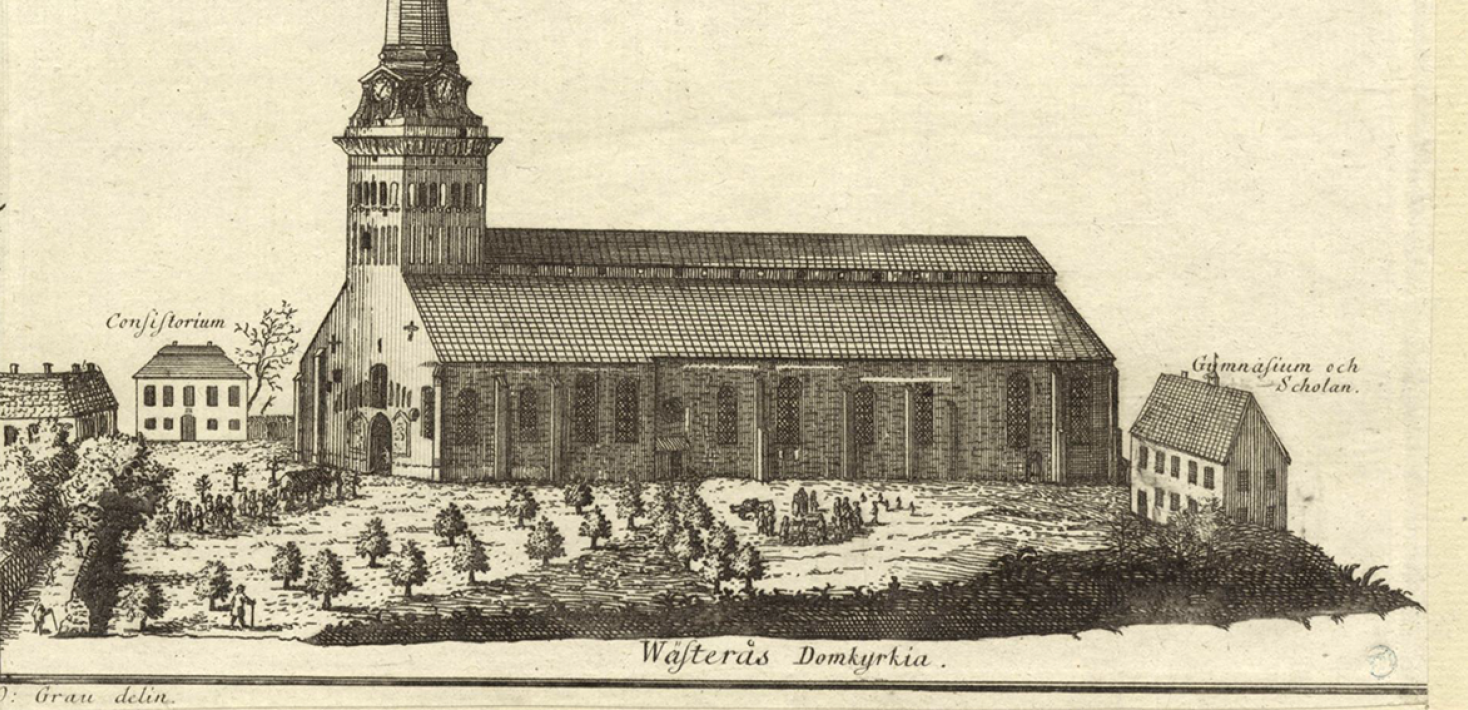 Kopparstick. Västerås kyrka och gymnasiebyggnaden intill