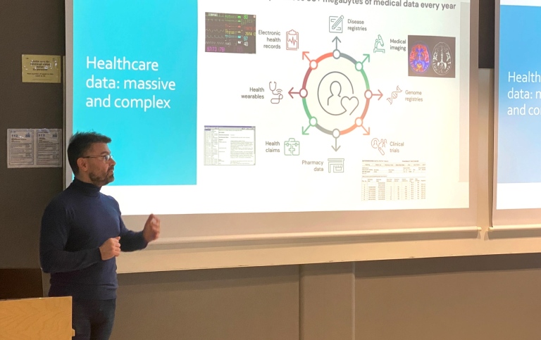 Professor Panagiotis Papapetrou, DSV, talking about AI tools in healthcare at a Tech Tuesday seminar