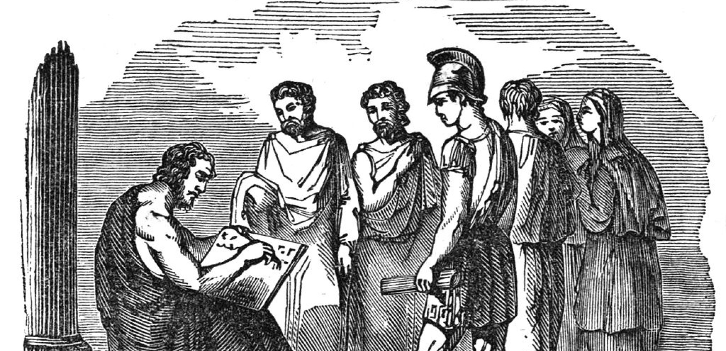Teckning som föreställer antika greker. Flera personer samlas runt en man som skriver på en tavla.
