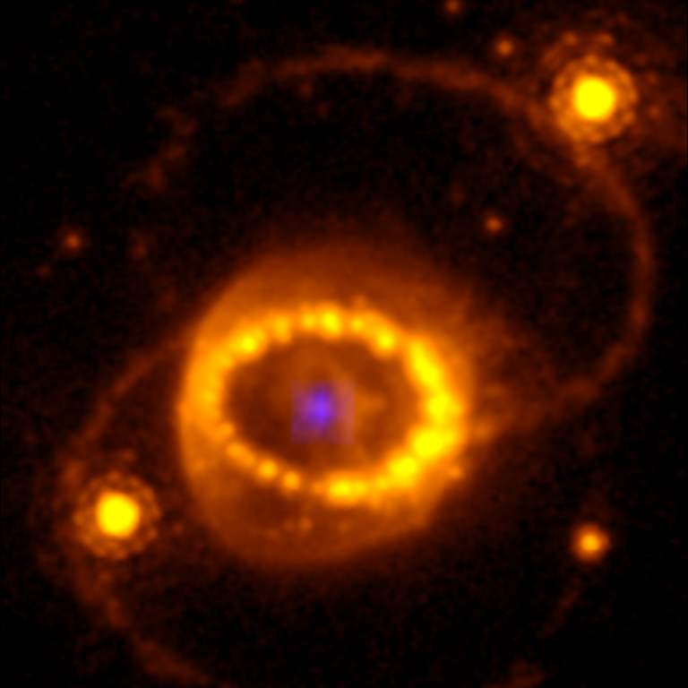 Kombination av en Hubble-bild av SN 1987A och kompaktt högt joniserade argonkälla.