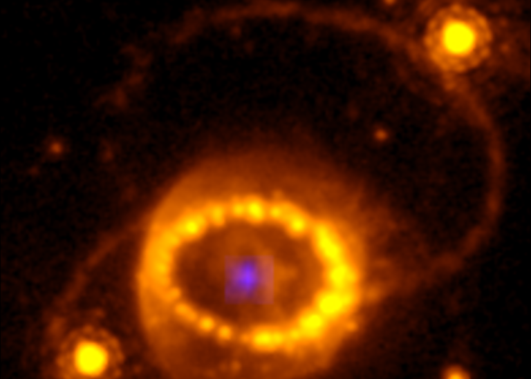 Combination of a Hubble image of SN 1987A and a compact highly ionized argon source