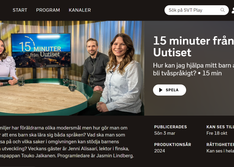 Skärmdump från SVT Play med 15 minuter från Uutiset med Jenni Alisaari