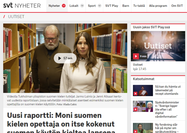 Skärmdump från SVT Uutiset, Jenni Alisaari och Jarmo Lainio på bild