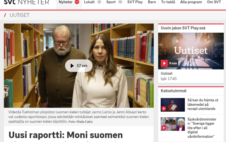 Skärmdump från SVT Uutiset, Jenni Alisaari och Jarmo Lainio på bild