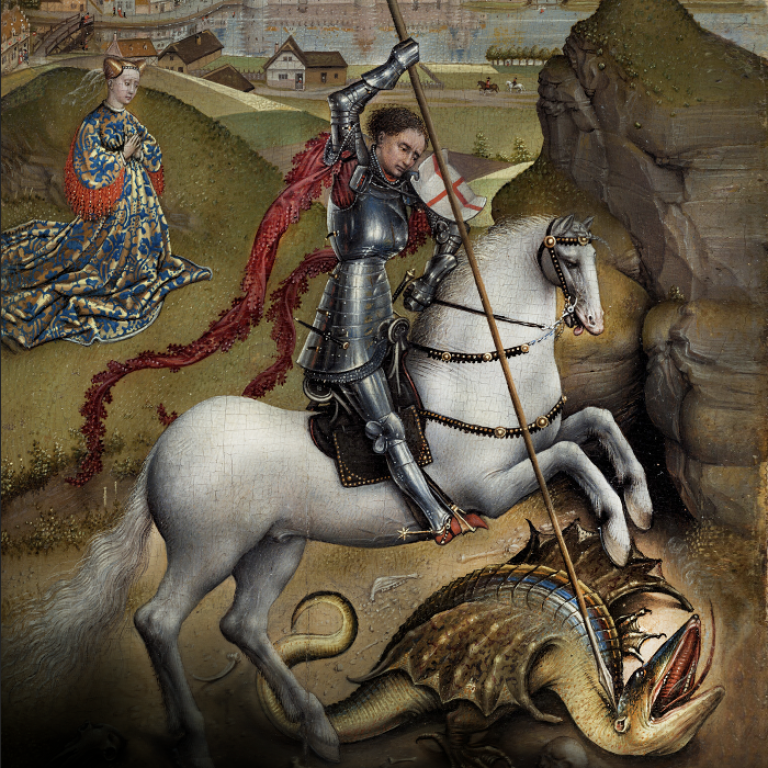 Medeltida målning av riddare på häst som dräper en drake, kvinna ser på i bakgrunden