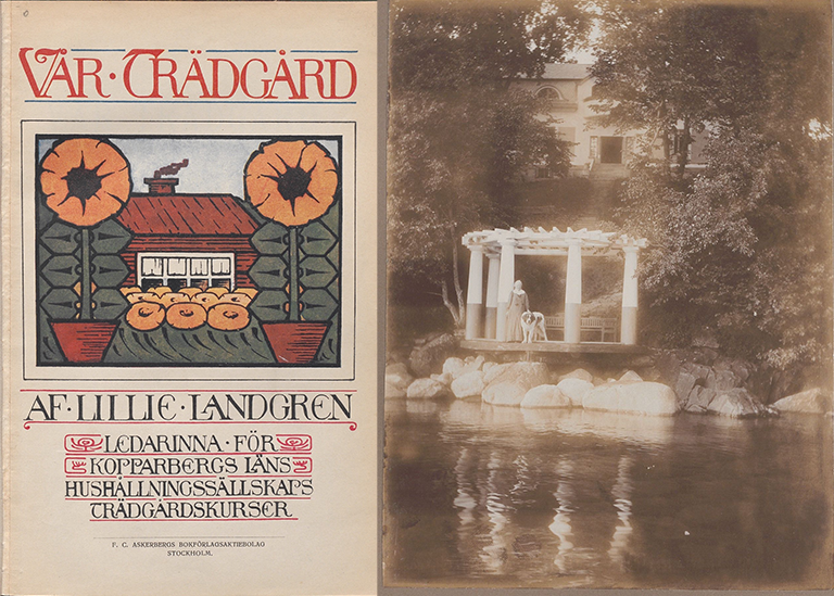 Bokomslaget till Vår trädgård av Lillie Landgren, samt en sida ur Ellen Keys klippbok