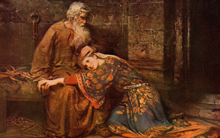 Tavla från 1886 som föreställer kvinna som tröstar man