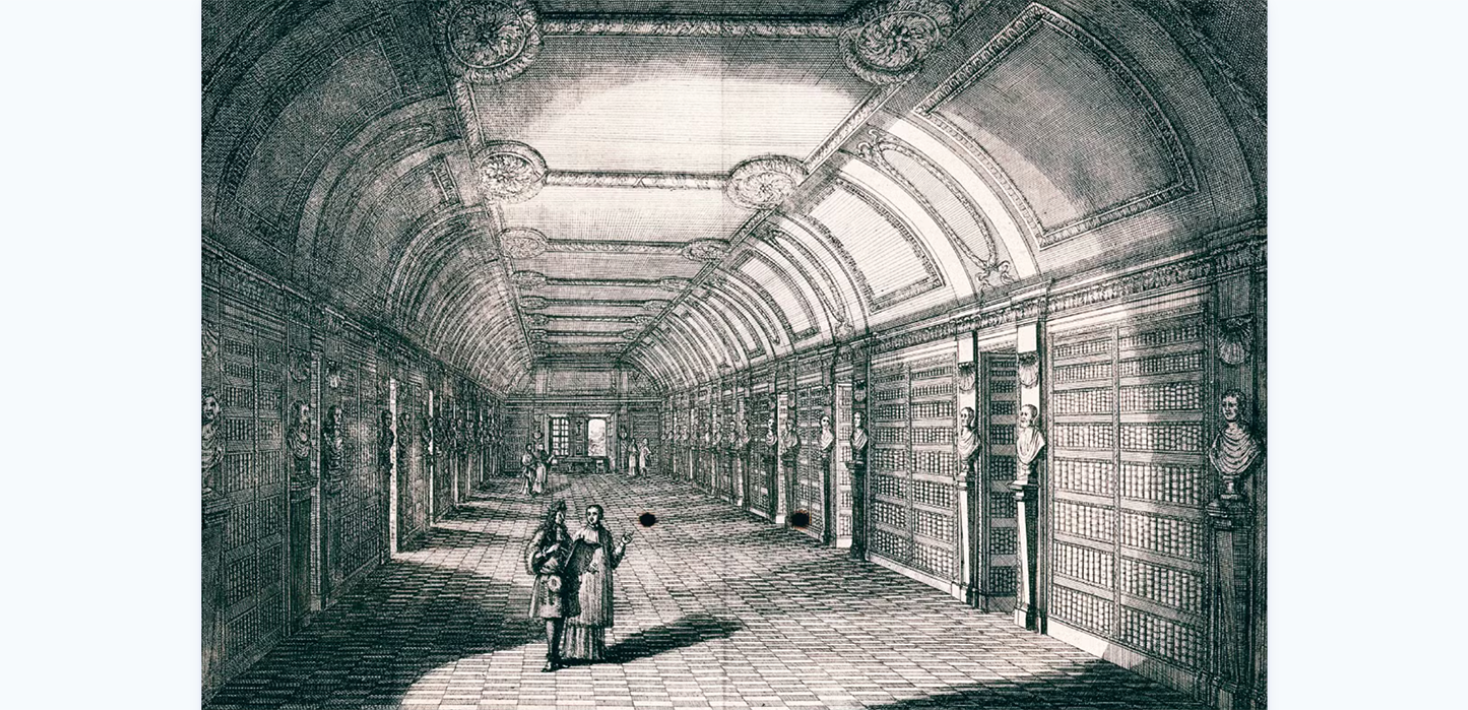 Illustration av bibliotek från 1692
