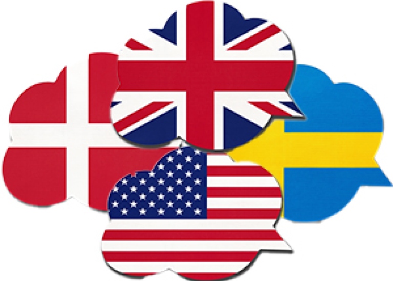 Pratbubblor med flaggor Danmark Svrige dolda av Storbritanninen USA