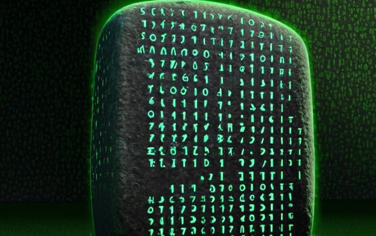 Runstone with glowing grren runes. Made by Sofia Pereswetoff-Morath using AI.