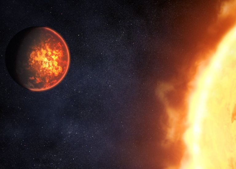 En illustration av planeten 55 Cancri e och dess stjärna