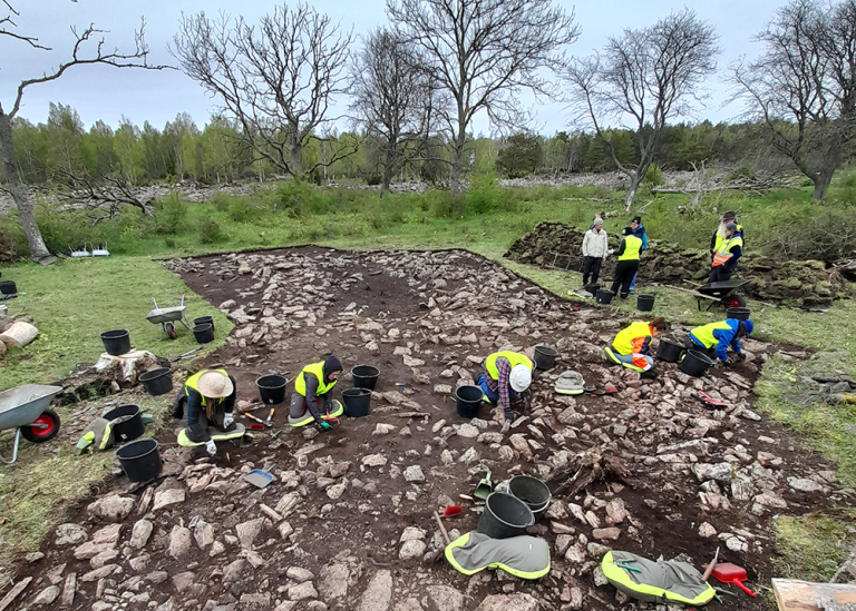 Friläggande av husrester i Treby borg på Öland.