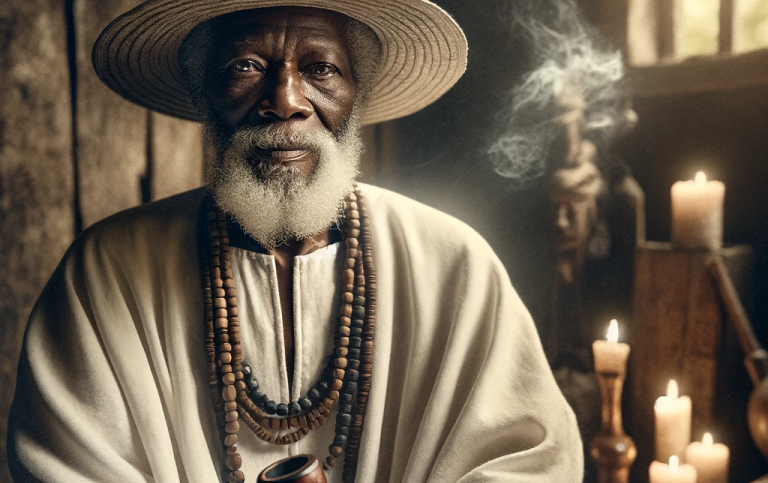 Elderly enslaved African with a gentle expression and a traditional attire, holding a pipe