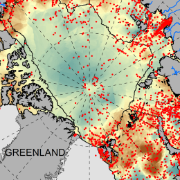 North Pole centered map of the Arctic Ocean and marginal seas with hundreds of marked locations.