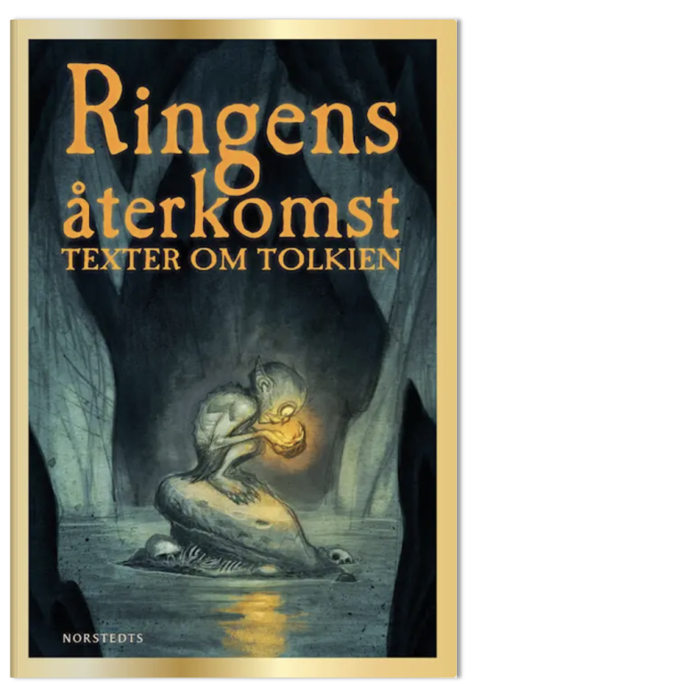 Bokomslag med texknad bild av Gollum med ringen i handen, i sin grotta