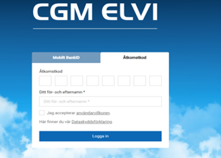 Skärmbild som visar hur man loggar in med namn och kod i dataprogrammet Elvi.