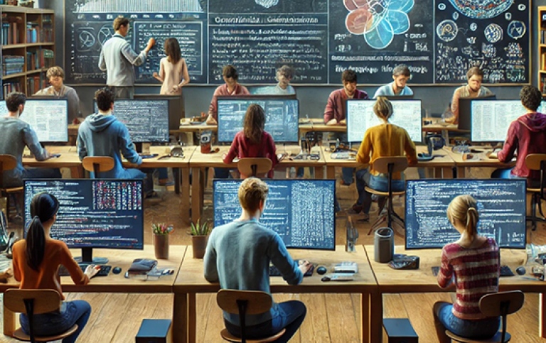sal med studenter i datorlingvistik, datorer och en lärare vid tavlan som instruerar