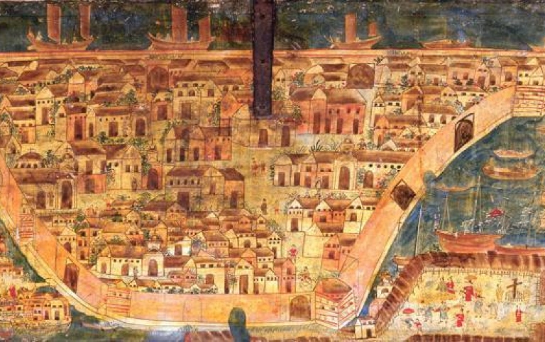 Painting depicting a city in the 1600ds