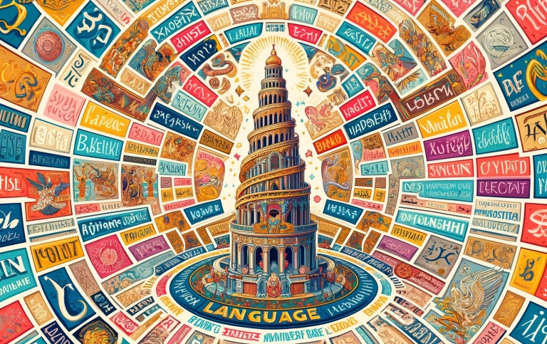Tower of Babel and nonsense words in bright colours. 