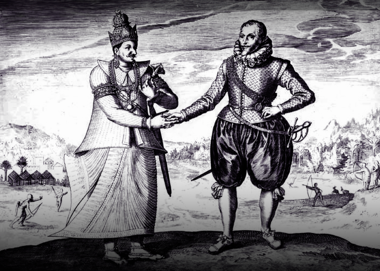 Black and white scetch showing two men shaking hands.