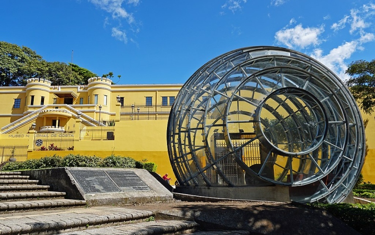 Stone spheres of the Diquís inside metal sphere structure located in Plaza de la Democracia, C. Rica