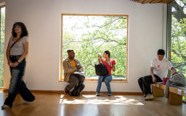 Students outside a lecture hall