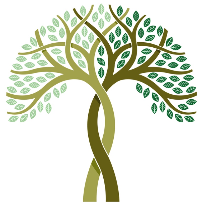 Two illustrated trees twisted around each other