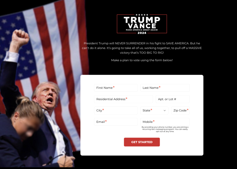 Skärmdump från Donald Trumps officiella kampanjsajt. Foto: donaldjtrump.com © 2024