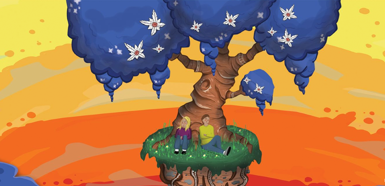 Illustration of to persons sitting under a tree with blue leaves