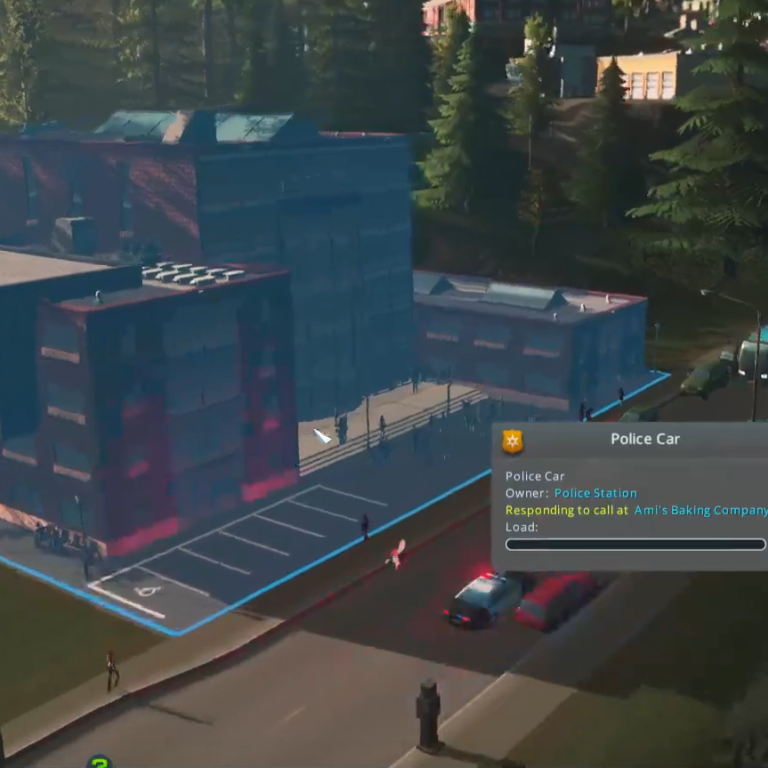 Bild från spelet Cities: Skylines. En polisbil i förgrunden.