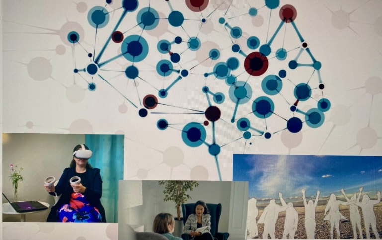 Collage med tre projektfoton mot en bakgrund av neuralt nätverk.