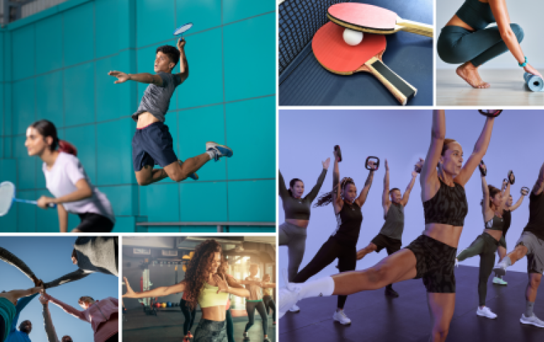 Collage av idrottande studenter i Frescatihallen.