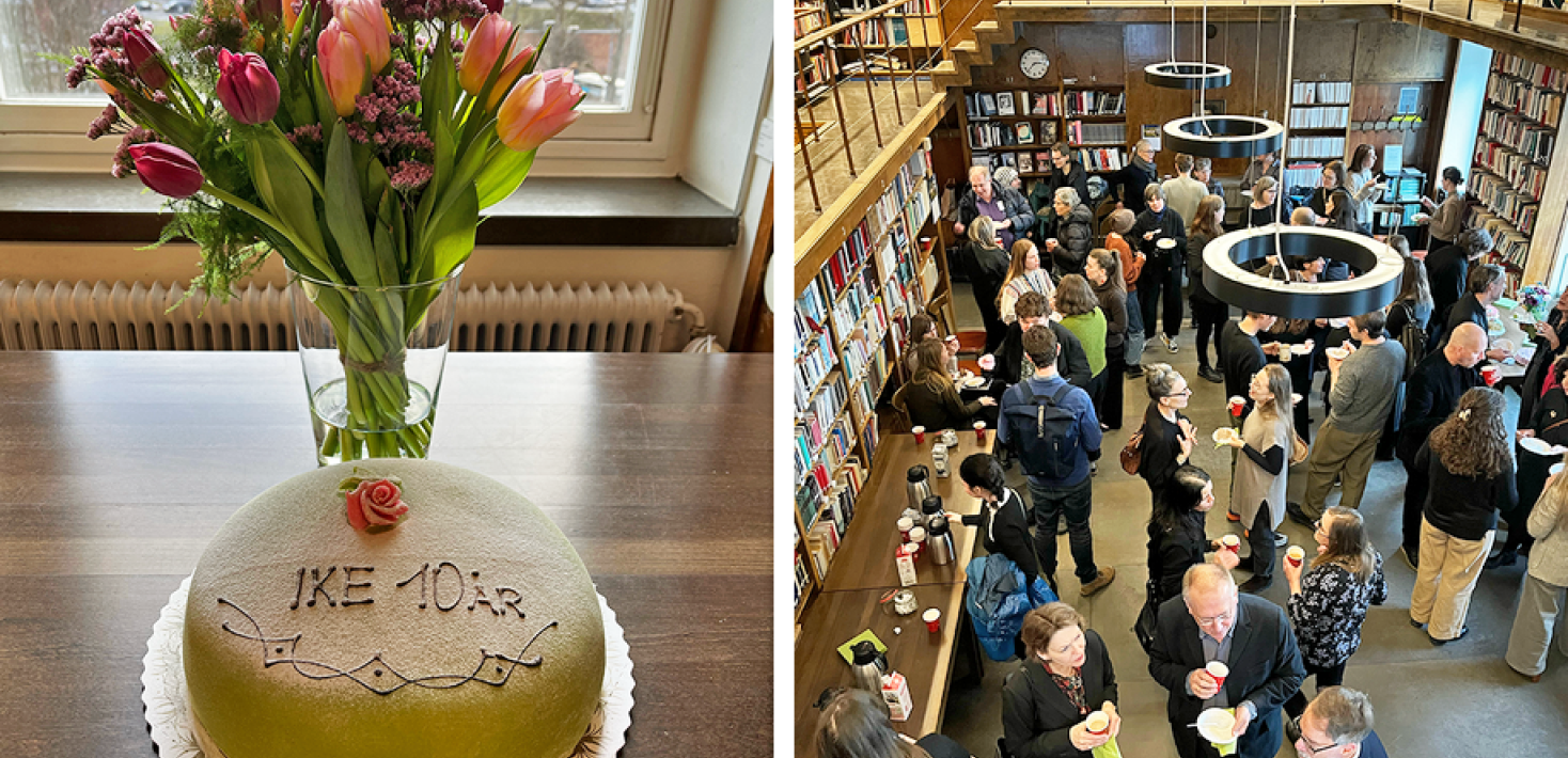 Cake and flowers. People meeting in a library.