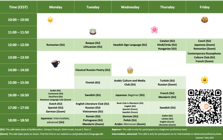Cafe schedule for the language cafes spring 2025