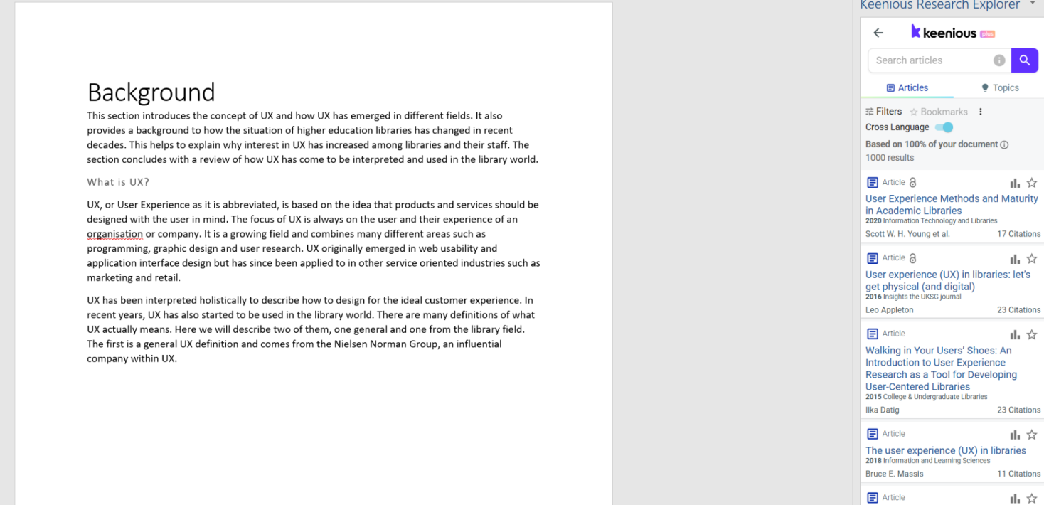 Keenious used to analyse a text in Microsoft Word