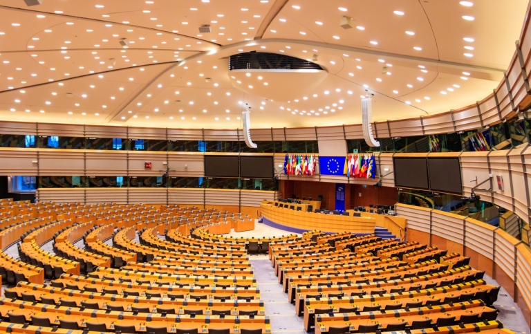 The plenary room (hemicycle) of the European parliament in Brussels. Photo: Olya Solodenko/Mostphoto