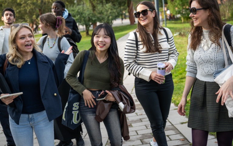Sju studenter promenerar pch skrattar utomhus. Foto: Kristian Pohl/Stockholms universitet