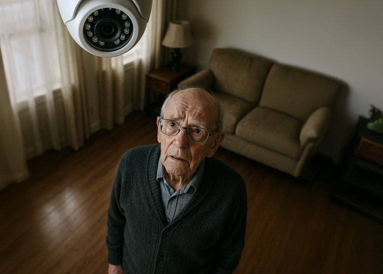 old man under video surveillance in his home